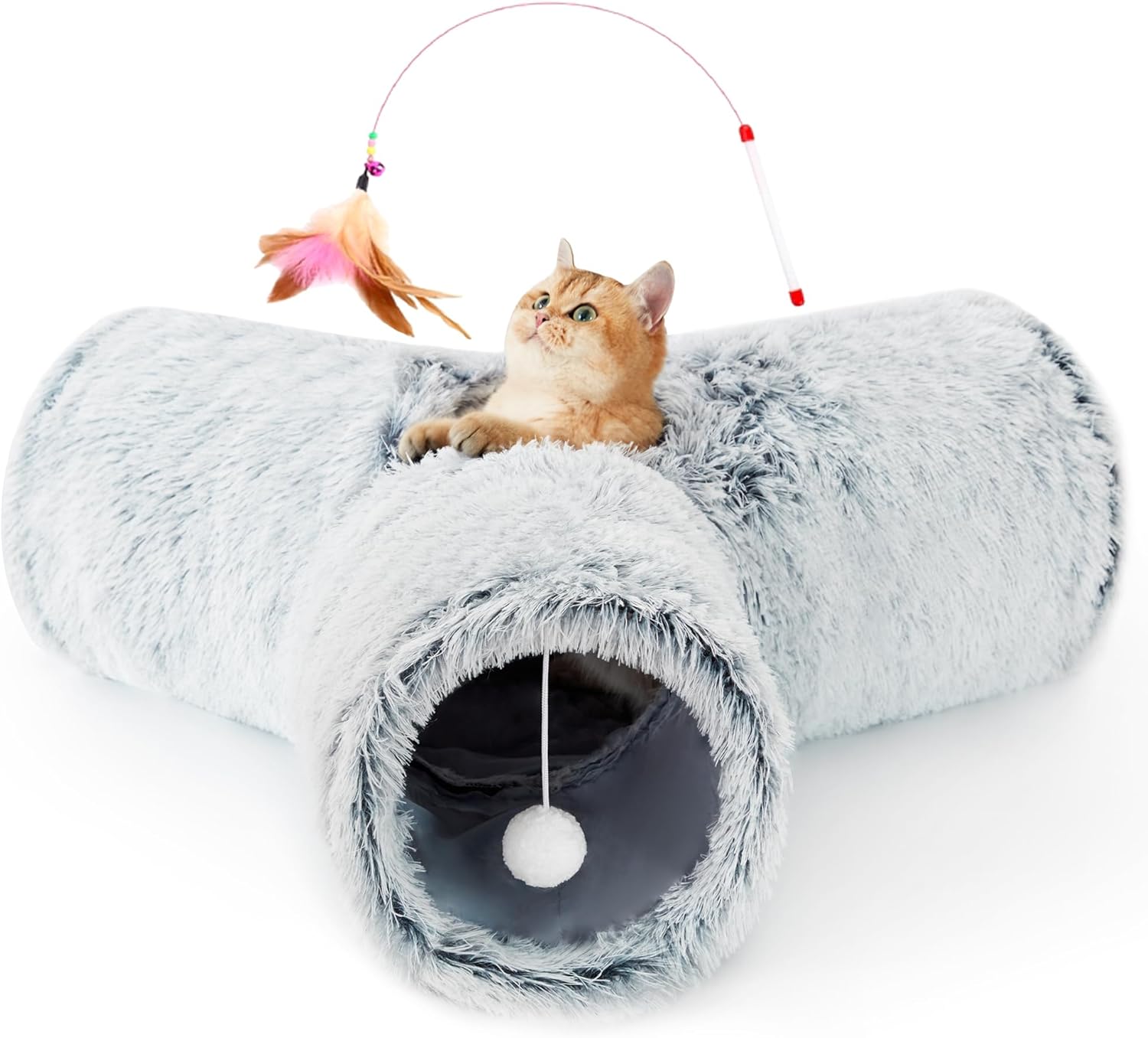 Plush Pet Cat Tunnel Tube Cat Toys 3 Way Collapsible, Tunnels for Indoor Cats，Kitty Tunnel Bored Pet Toys Peek Hole Toy Ball Puppy, Kitty, Kitten, Rabbit Light Grey